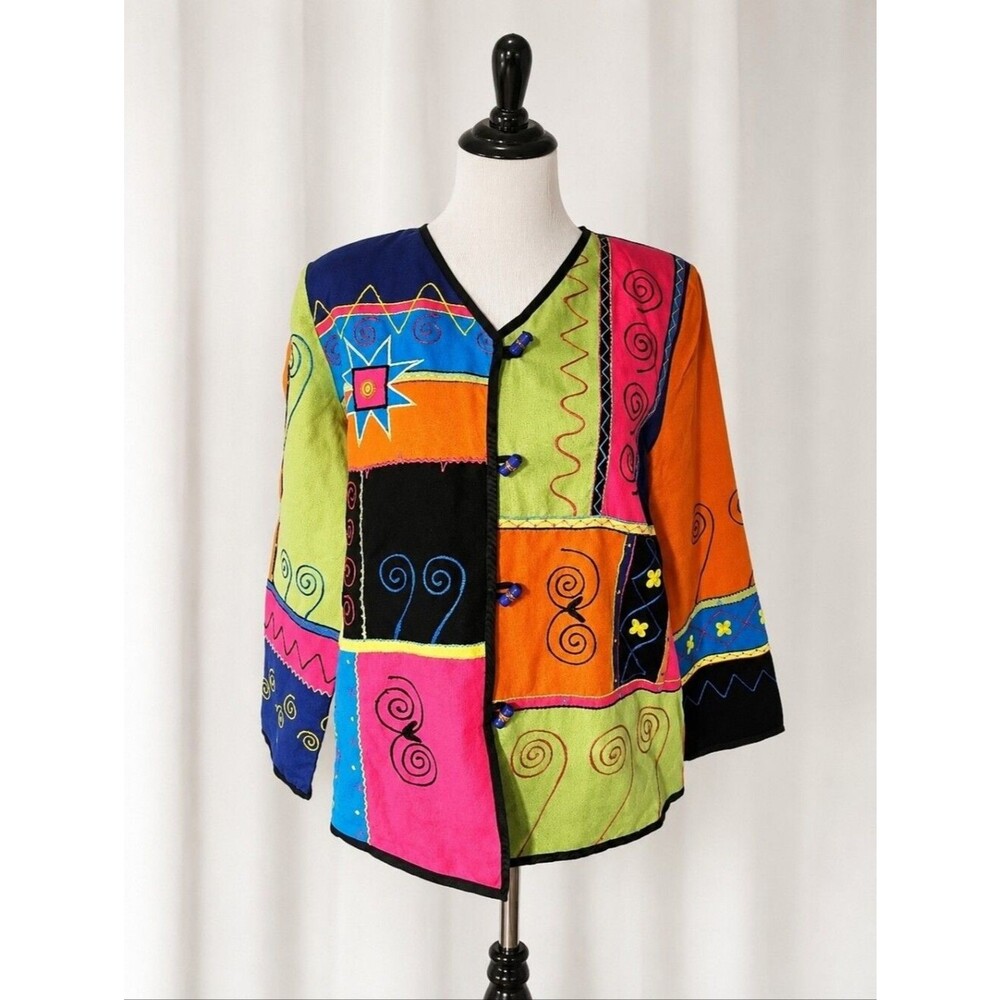 Vintage Indigo Moon Multicolor Patchwork Embroidered Cotton Blend Blazer Jacket
